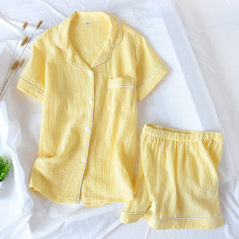 Yellow Cotton Gauze Crepe Short Button Down Top with Shorts Pajama Set