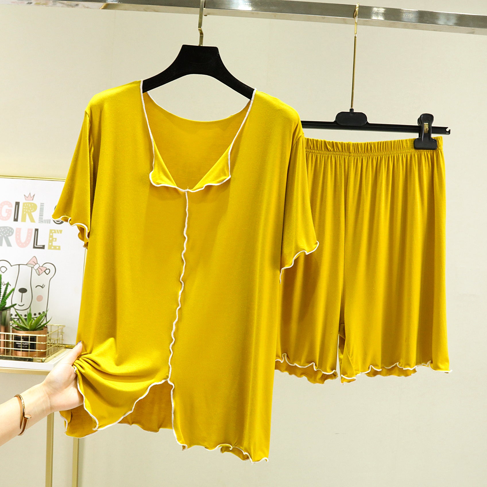 Yellow Gold Modal Fabric Shorts Pajama Set, Ladies Pajamas, Sleepwear, Loungewear
