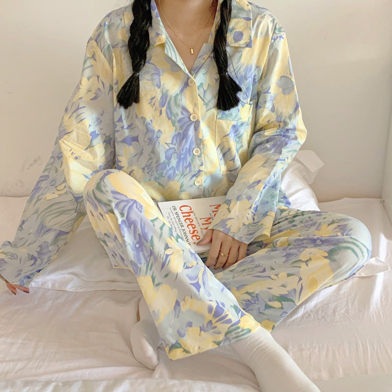 Soft Pastel Yellow and Blue Button-Down Shirt with Loose Trouser, classic pajama set for Spring and Summer, Women's Pajamas, Ladies Pajamas, Loungewear, Sleepwear, Floral Paljamas