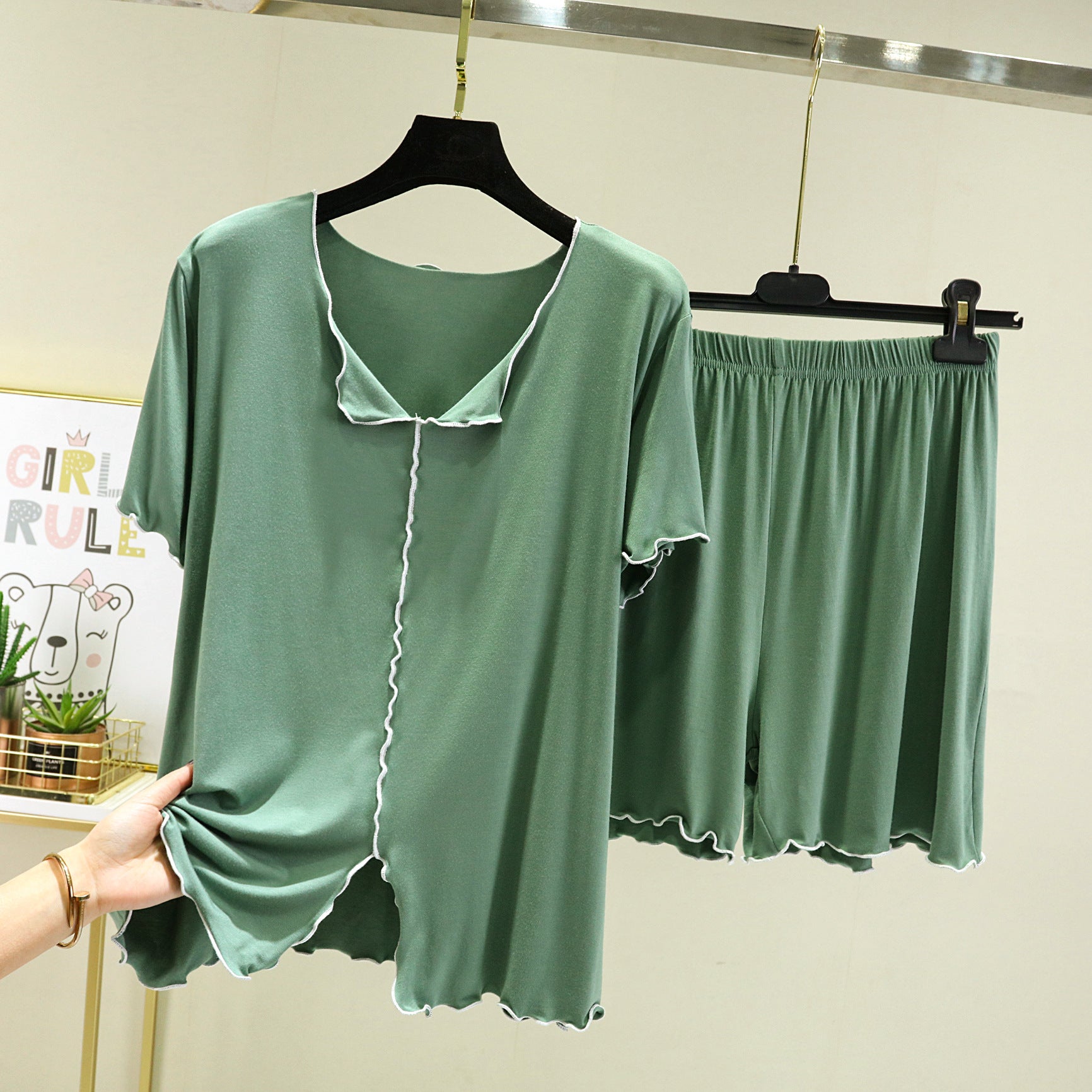 Light Green Modal Fabric Shorts Pajama Set , Ladies Pajamas, Sleepwear, Loungewear